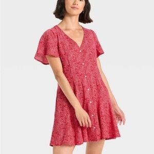 Universal Thread Red Paisley A-Line Mini Dress‎ S Button Front Flutter Sleeve